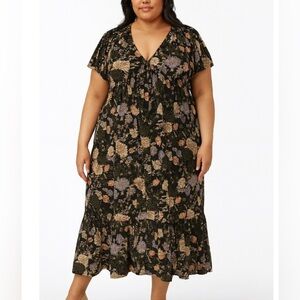 Maurices dress black floral print tiered faux button up V-neck lightweight SZ XL